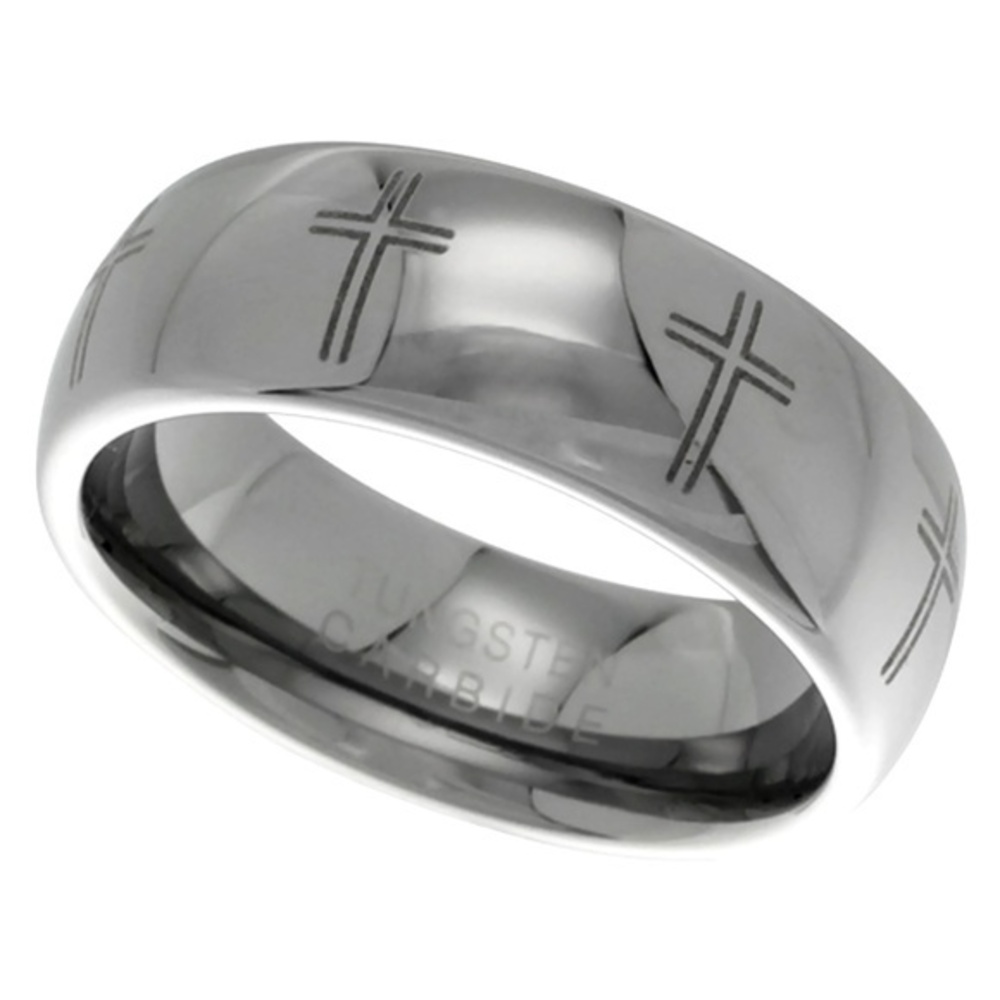 8mm Tungsten Laser Etched Crosses Wedding Band